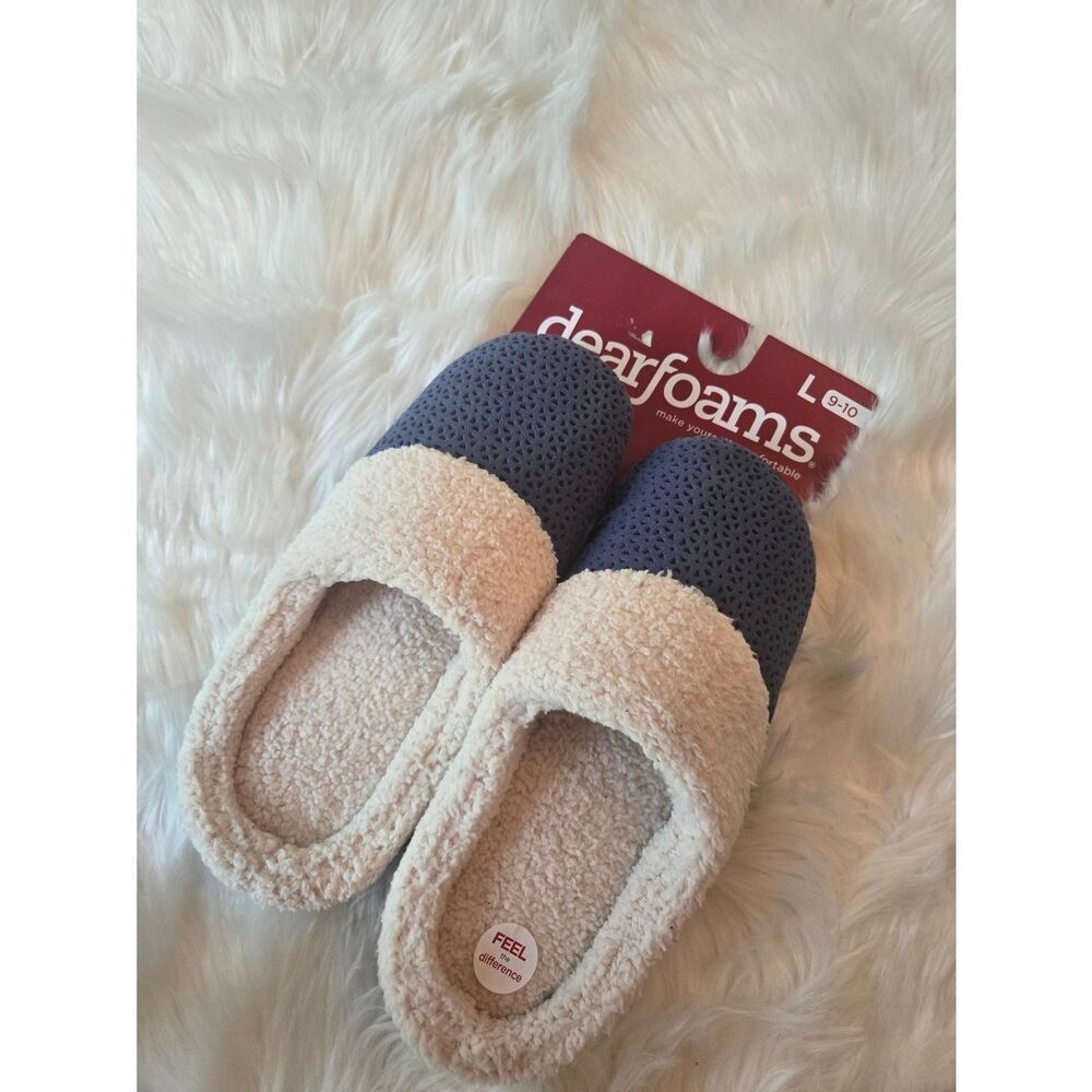 dearfoams Navy and Cream Sherpa-Trim Slip-On Women's Slippers 9-10